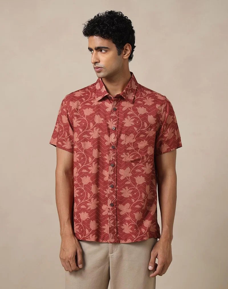 فاب انديا Red Viscose Silk Hand Block Printed Bush Shirt