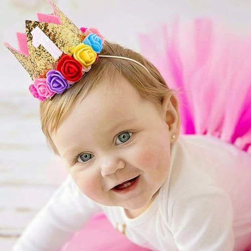 ipalmay Baby Princess Glitter Gold Crown, 1st Birthday Party Hat Gold with Mix Rainbow Color Flowers - Image 4