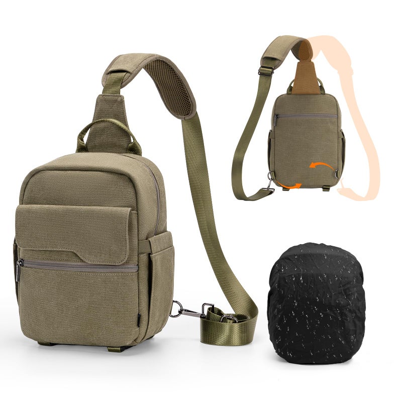 Cwatcun Camera Sling Bag Compact Large Camera Case Waterproof Canvas Crossbody Camera Bag with Rain Cover Travel Photography Bag for Canon Nikon Sony Fuji DSLRSLRMirrorless Cameras Lens Green - Image 2