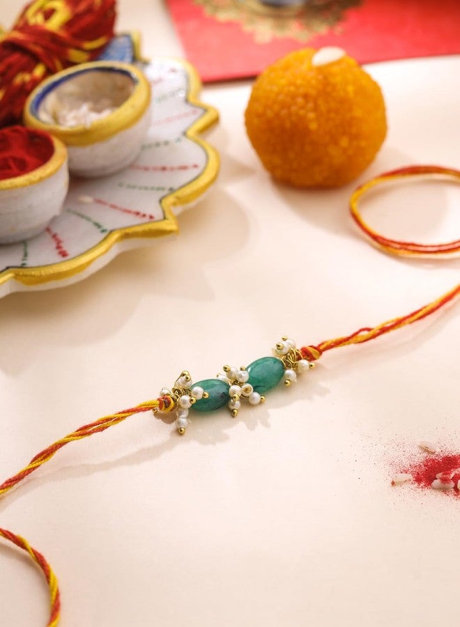 RDK Tradtional Handmade Byrl (Gemstone) stone Rakhi (राखी)/Kalwa/Dora Rakhi For Bro/Brother/Bhai/Bhaiya/Dada (Bracelet) For Raksha Bandhan (Byerl Stone) - Image 4