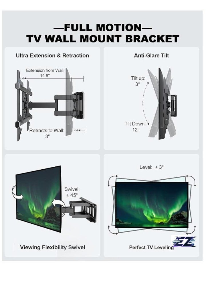 Gravity Full Motion TV Wall Mount, Articulating Swivel Extension Arm, Fits 37-75" TVs Up to 132lbs, Max VESA 600x400mm, Heavy Duty TV Mount for Home & Office (EBLF7) - Image 2
