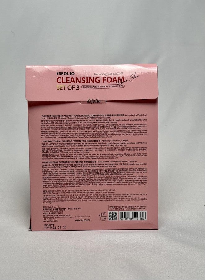 ESFOLIO CLEANSING FOAM PURE SKIN (SET OF 3) (HYALURONIC ACID WITH PEACH/VITAMIN C/SNAIL) - Image 2