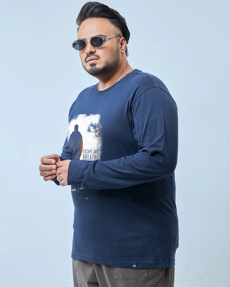 bewakoof Men's Navy Blue Make Tracks Graphic Printed Plus Size T-shirt