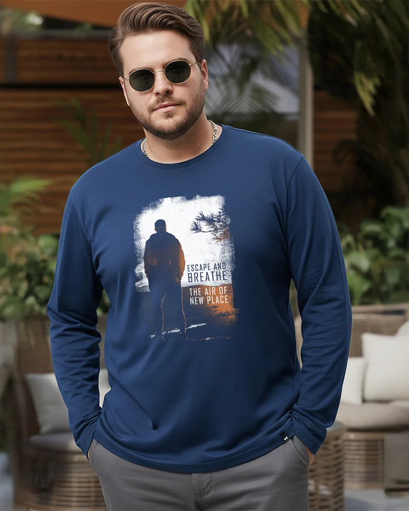 bewakoof Men's Navy Blue Make Tracks Graphic Printed Plus Size T-shirt