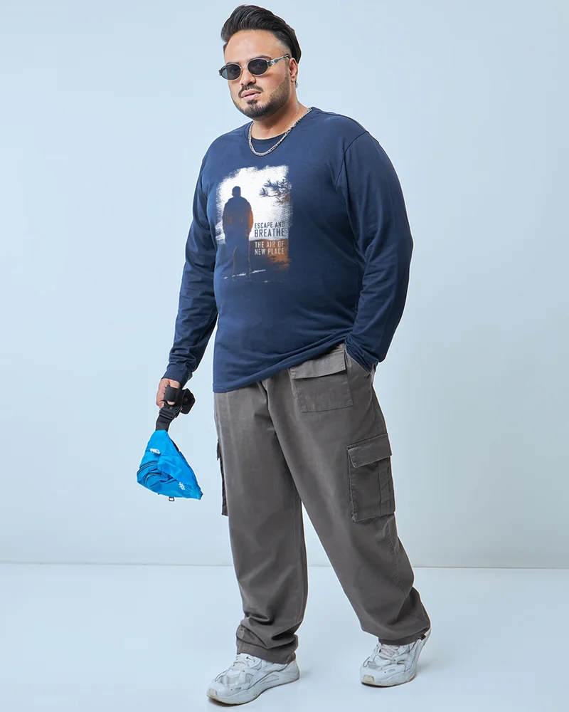 bewakoof  Men's Navy Blue Make Tracks Graphic Printed Plus Size T-shirt for Men | Best Price UAE