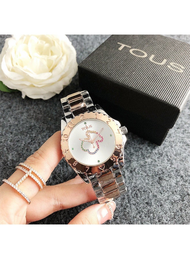 TOUS Colorful Crystal Bear Watch - Silver & Rose Gold Two-Tone Strap Stylish Ladies Wristwatch