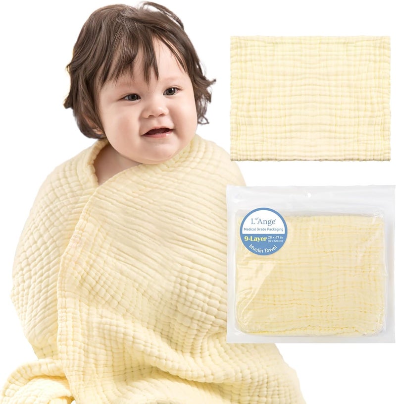 LAnge Baby Bath Towel  9 Layers 100 Cotton Muslin Super Quick Dry Medical Grade Packaging for Infants and Newborns  28 x 47in  Yellow - Image 1