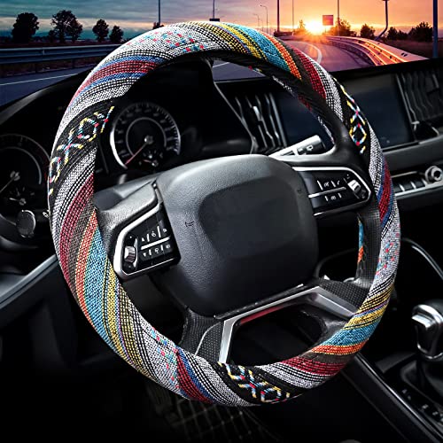 Valleycomfy Cloth Steering Wheel Covers for Women Bohemian Universal 15 inch Baja Blanket Enthic Grey - Image 1
