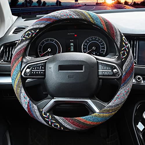 Valleycomfy Cloth Steering Wheel Covers for Women Bohemian Universal 15 inch Baja Blanket Enthic Grey - Image 2