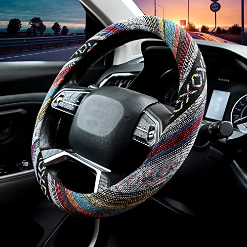 Valleycomfy Cloth Steering Wheel Covers for Women Bohemian Universal 15 inch Baja Blanket Enthic Grey - Image 3