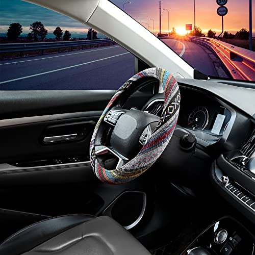 Valleycomfy Cloth Steering Wheel Covers for Women Bohemian Universal 15 inch Baja Blanket Enthic Grey - Image 4