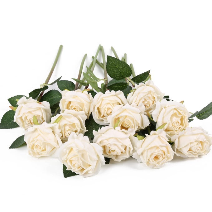 White Roses Artificial Flowers 12pcs Vintage Dried White Flowers Artificial Roses Silk Flowers with Single Stem White Fake Rose for Wedding Centerpieces Wall Flowers Decorations Off White