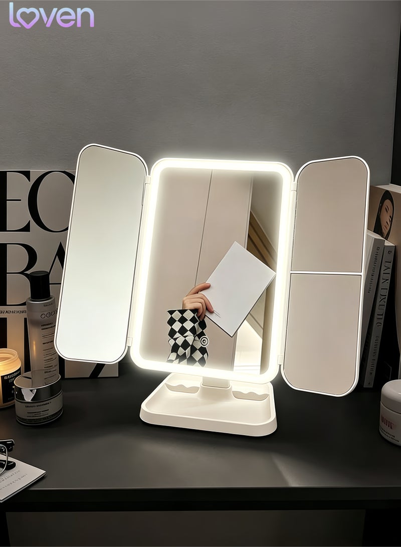 loven LED Tri-Fold Vanity Mirror with Lights, Touch Screen and 3X/2X/1X Magnification with 3 Color & Adjustable Brightness, Portable Rechargeable Makeup Mirror Pro with Lights Dollar for Desk Dorm Travel - Image 1