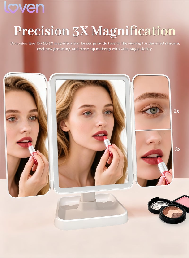 loven LED Tri-Fold Vanity Mirror with Lights, Touch Screen and 3X/2X/1X Magnification with 3 Color & Adjustable Brightness, Portable Rechargeable Makeup Mirror Pro with Lights Dollar for Desk Dorm Travel - Image 4