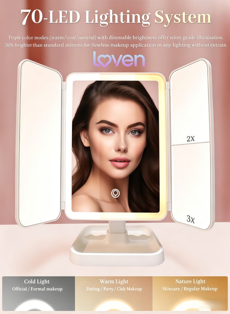 loven LED Tri-Fold Vanity Mirror with Lights, Touch Screen and 3X/2X/1X Magnification with 3 Color & Adjustable Brightness, Portable Rechargeable Makeup Mirror Pro with Lights Dollar for Desk Dorm Travel - Image 3