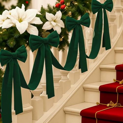 Civaner 164 ft Christmas Velvet Bow Garland Staircase Decorations with 6 Pcs 275 Inch Large Bow for Stair Railing Fireplace Fence Mantle Holiday Decor Xmas Indoor OutdoorGreen - Image 1