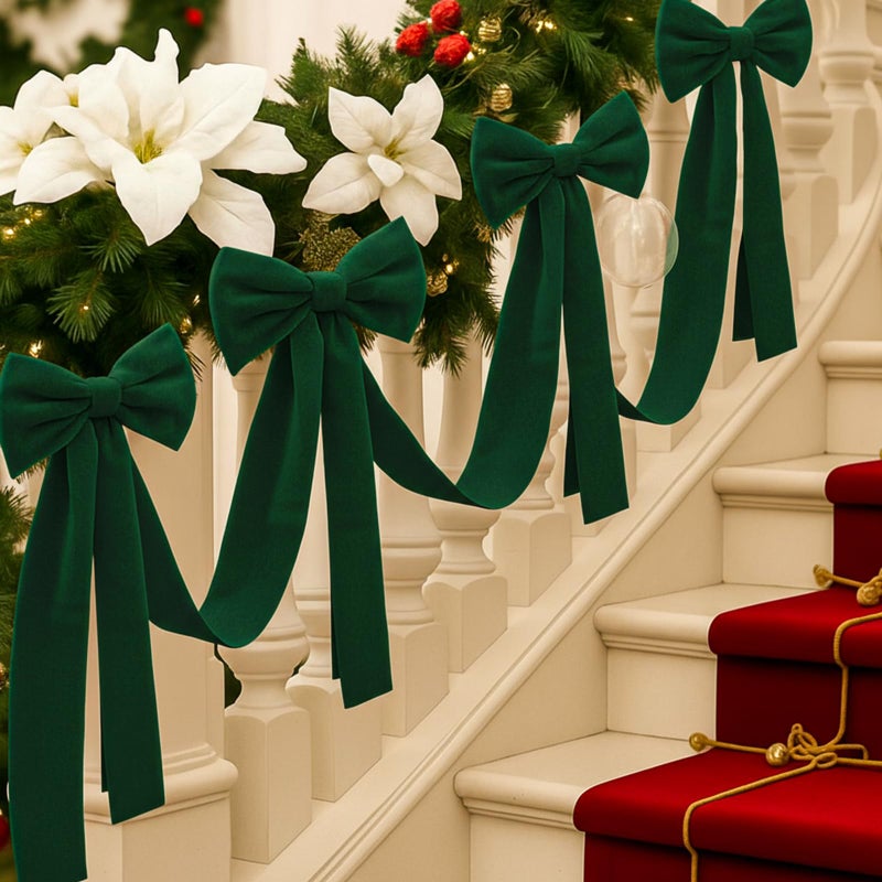 Civaner 164 ft Christmas Velvet Bow Garland Staircase Decorations with 6 Pcs 275 Inch Large Bow for Stair Railing Fireplace Fence Mantle Holiday Decor Xmas Indoor OutdoorGreen - Image 2