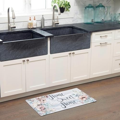 Home Dynamix Cozy Living Home Sweet Home Floral Runner Anti-Fatigue Kitchen Mat, Non-Slip Floor Mat, Padded Standing Desk Mat, Grey/Blue, 17.5"x30" - Image 2