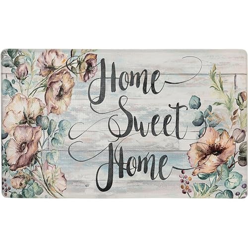 Home Dynamix Cozy Living Home Sweet Home Floral Runner Anti-Fatigue Kitchen Mat, Non-Slip Floor Mat, Padded Standing Desk Mat, Grey/Blue, 17.5"x30" - Image 1