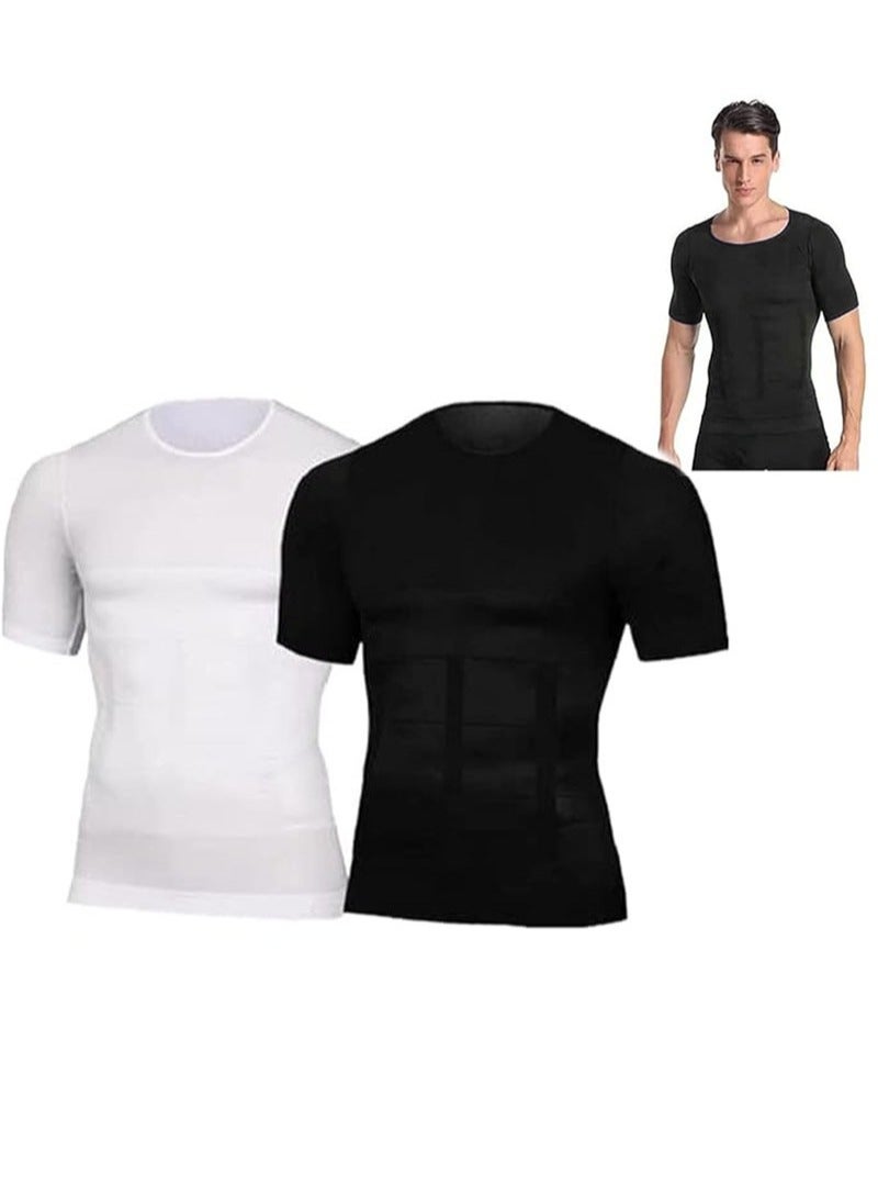 Apustim 2 Pack Men's Body Shaping Slimming Vest，Compression Bottoming Slimming Muscle Short Sleeve Shaper for Belly Control （Black+White） - Image 1