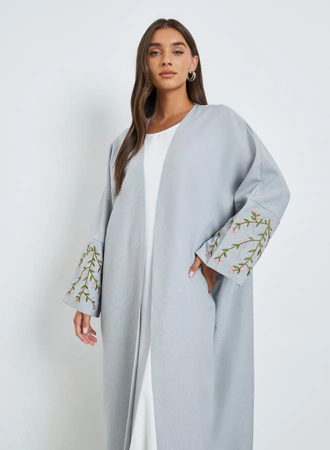 أميرة Grey Front Open Abaya with Embroidery