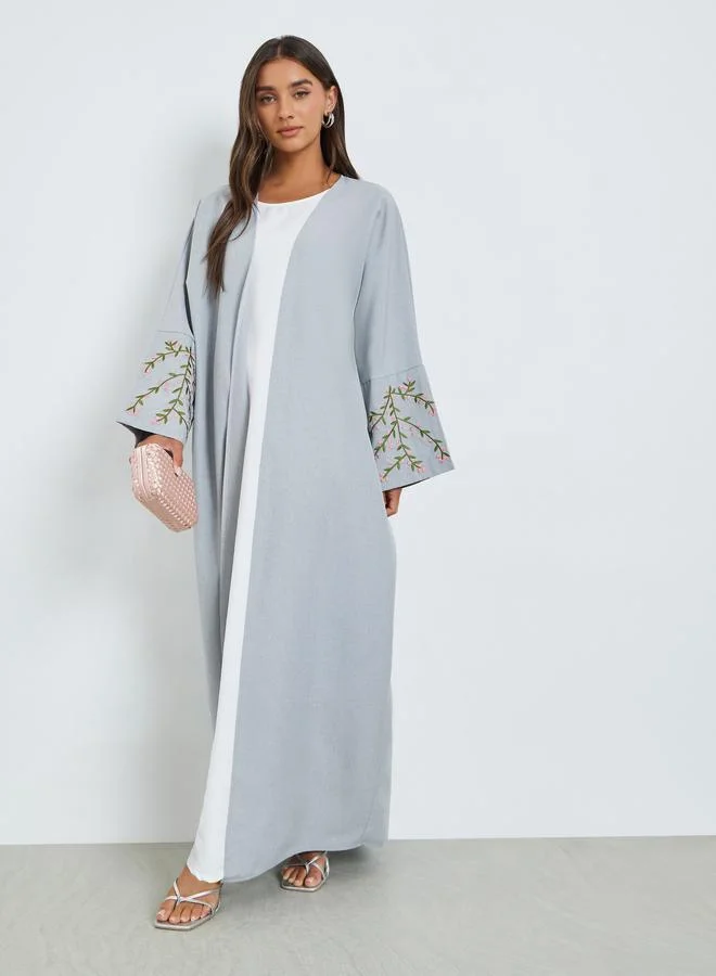 أميرة Grey Front Open Abaya with Embroidery