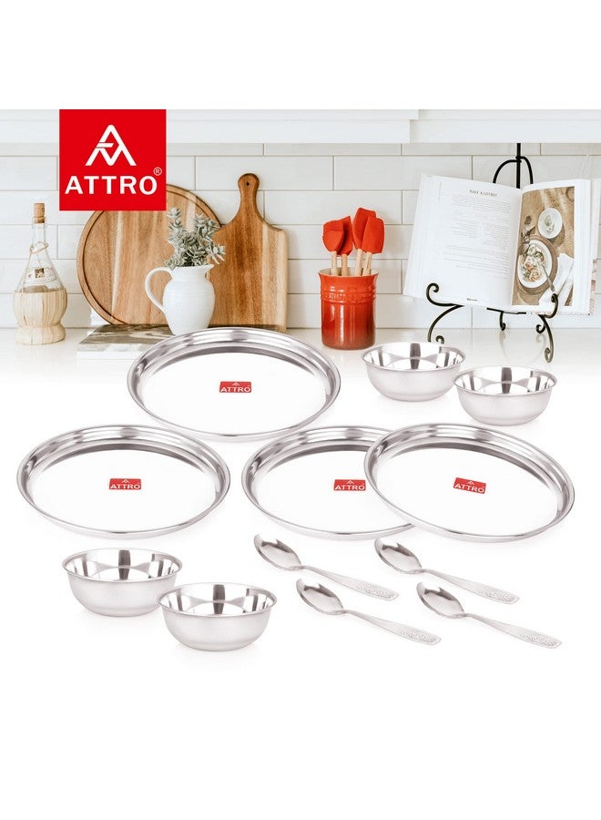 ATTRO طقم عشاء ستانلس ستيل 12 قطعة من أترّو - 4 صحن، 4 وعاء، 4 ملعقة، مجموعة مطبخ بجودة غذائية للاستخدام في المنزل، المطاعم والأنشطة الخارجية - فضي، صلب - Image 3