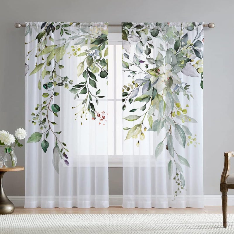 Fereyis Green Eucalyptus Leaves Curtains for Living Room 63 inch Length 2 Panels Set Elegant Wild Flower Floral Spring Printed Window Curtain Natural Sheer Chiffon Drapes for Bedroom