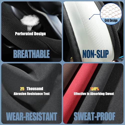 Binsheo Black Suede Steering Wheel Cover, Breathable Non-Slip Sweat-Proof Wear-Resistant No Pilling, Warm in Winter and Cool in Summer, Universal 15 inch - Image 3