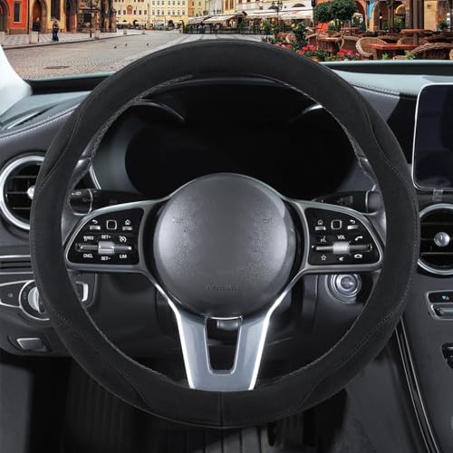 Binsheo Black Suede Steering Wheel Cover, Breathable Non-Slip Sweat-Proof Wear-Resistant No Pilling, Warm in Winter and Cool in Summer, Universal 15 inch - Image 2