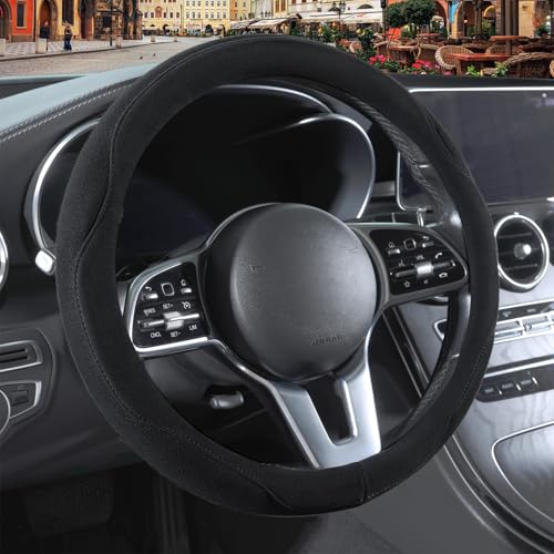Binsheo Black Suede Steering Wheel Cover, Breathable Non-Slip Sweat-Proof Wear-Resistant No Pilling, Warm in Winter and Cool in Summer, Universal 15 inch - Image 1
