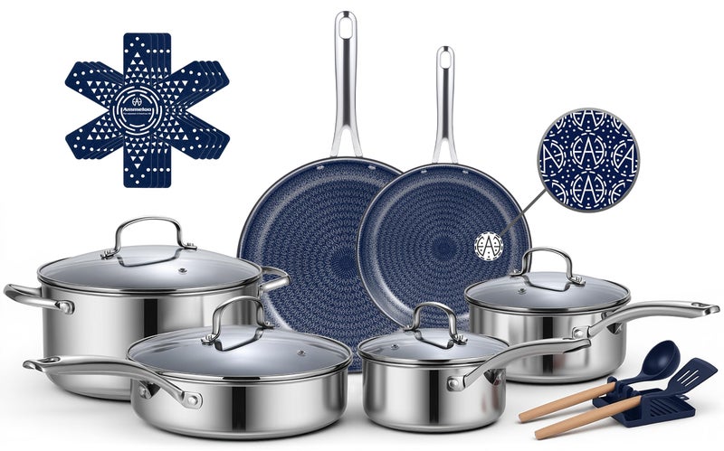 Ammeloo Hybrid Stainless Steel Cookware Set, 17-Piece Tri-Ply Pots and Pans Set Non Stick, Induction Kitchen Cookware Sets, Dishwasher & Oven Safe, PFOA Free, All Cooktops Compatible, Navy Blue - Image 1