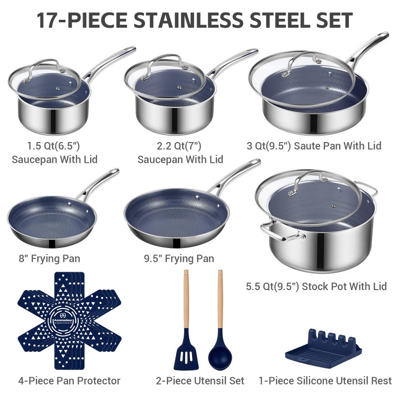 Ammeloo Hybrid Stainless Steel Cookware Set, 17-Piece Tri-Ply Pots and Pans Set Non Stick, Induction Kitchen Cookware Sets, Dishwasher & Oven Safe, PFOA Free, All Cooktops Compatible, Navy Blue - Image 2
