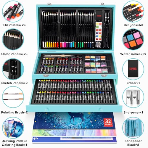 iBayam Arts and Crafts Gifts for Kids 6-14 Year Teens Boys Girls Christmas Gifts, 150-Pack Art Set Kits with 2 Sketch Pads, Coloring Book, 24 Colored Pencils, 24 Oil Pastels, 24 Watercolor, 60 Crayons - Image 3