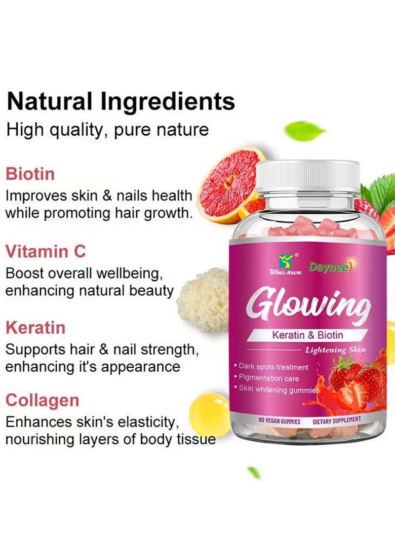 Wins Town - Wins Town Collagen Glow Anti Aging Skin Whitening Vitamins Strawberry Flavor With L-Glutathione Collagen Biotin Hydrated Youthful Skin Glow and Spots Fading Lightening Skin 60 Gummies - Image 1