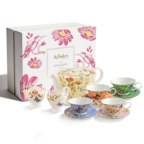 Aynsley Fine Bone China Cottage Garden Swirl Teapot and Set of 4 Teacups & Saucers with Sugar Bowl & Cream Jug - Image 1