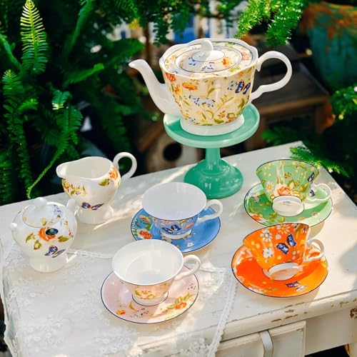 Aynsley Fine Bone China Cottage Garden Swirl Teapot and Set of 4 Teacups & Saucers with Sugar Bowl & Cream Jug - Image 4