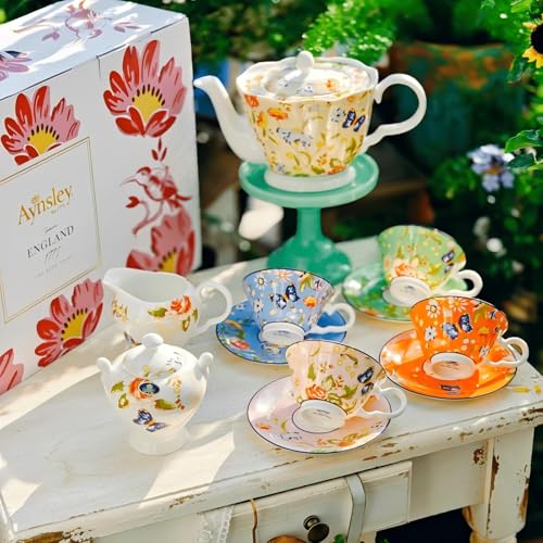 Aynsley Fine Bone China Cottage Garden Swirl Teapot and Set of 4 Teacups & Saucers with Sugar Bowl & Cream Jug - Image 5