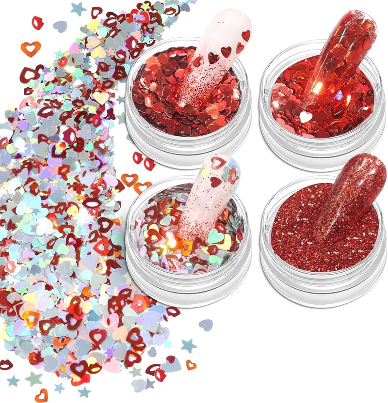 Allstarry Heart Glitter Nail Art Sequins, 4 Colors Holographic Heart Shaped Confetti 3D Red Lip Star Nail Flake for Valentine's Day Decals Face Eyes Decoration DIY Craft - Heartbeat Red Lips