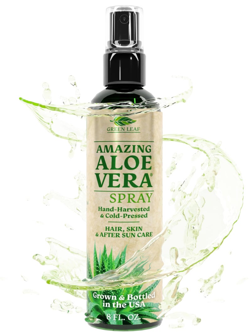 Green Leaf Naturals Aloe Vera Spray | 99% Cold-Pressed Aloe Vera Juice with Vitamin C, E & A | Hair, Skin, Facial Moisturizer, Sunburn Relief & After Sun Lotion 8oz - Image 1