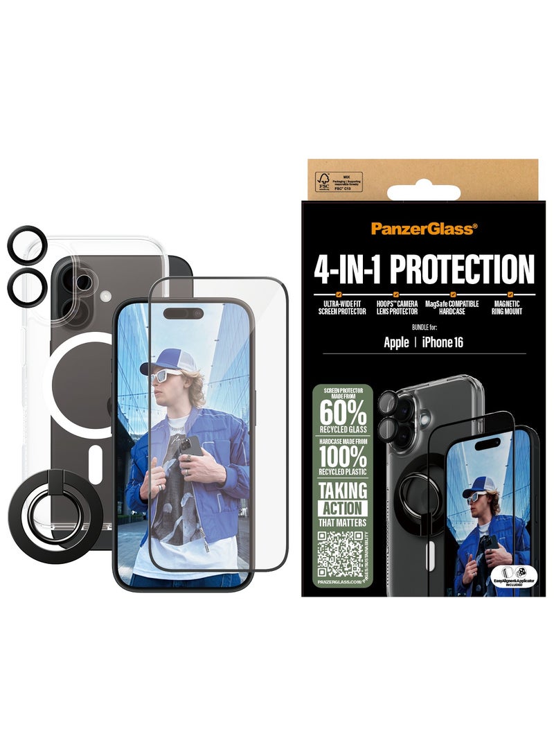PanzerGlass باكج حماية بانزر جلاس® 4 في 1 لجهاز آيفون 16، كفر صلب متوافق مع ماجسيف، واقي شاشة عريض للغاية، واقي عدسة كاميرا هووبسTM، حلقة مغناطيسية لتثبيت سهل مع مساعدة التركيب - Image 1