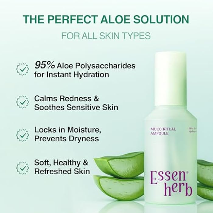 ESSENHERB Aloe Serum (Muco Ritual Ampoule) – Korean Vegan Facial Essence with 95% Aloe Polysaccharides – Lightweight Hydration for Dry & Visibly Stressed Skin – 4.05 fl oz (120ml) - Image 4