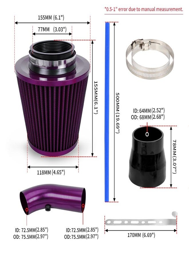 BARTOO Cold Air Intake Pipe Alumimum 3'' Cold air Intake Filter Induction kit (purple) - Image 3
