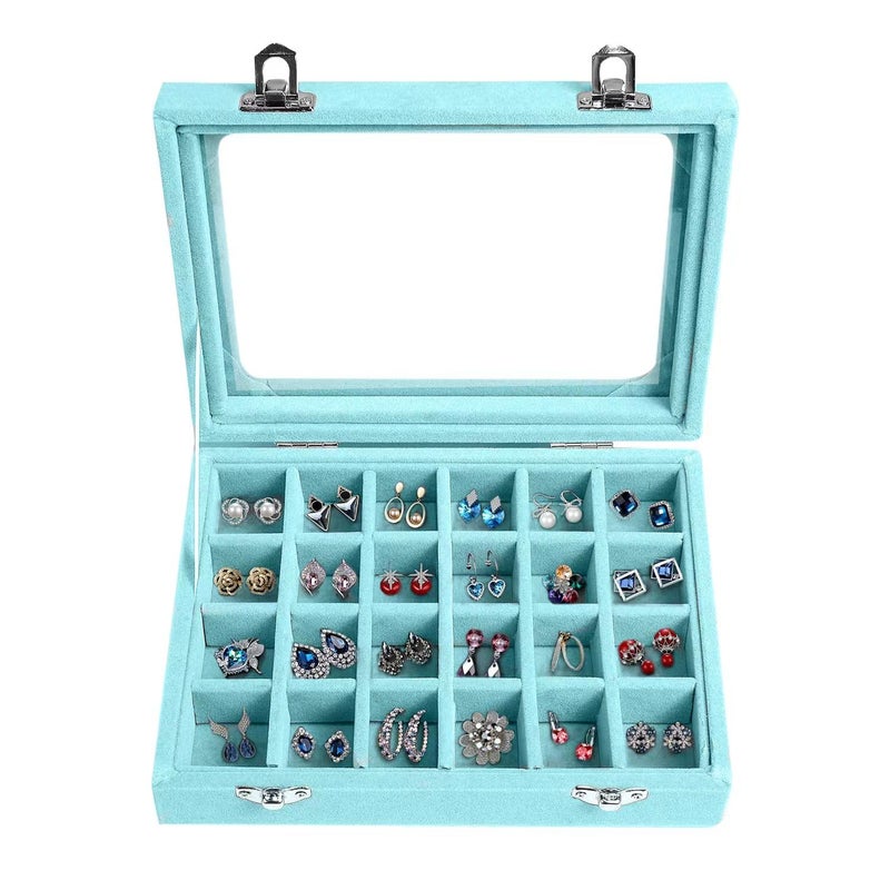 EONGOA Velvet Jewelry Box 24 Grid Jewelry Earrings Display Organiser Box Ring Tray Holder Earrings Storage Case for Girls Women Wife Mom (Light blue) - Image 1