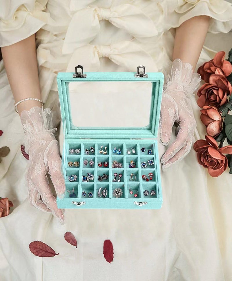EONGOA Velvet Jewelry Box 24 Grid Jewelry Earrings Display Organiser Box Ring Tray Holder Earrings Storage Case for Girls Women Wife Mom (Light blue) - Image 5
