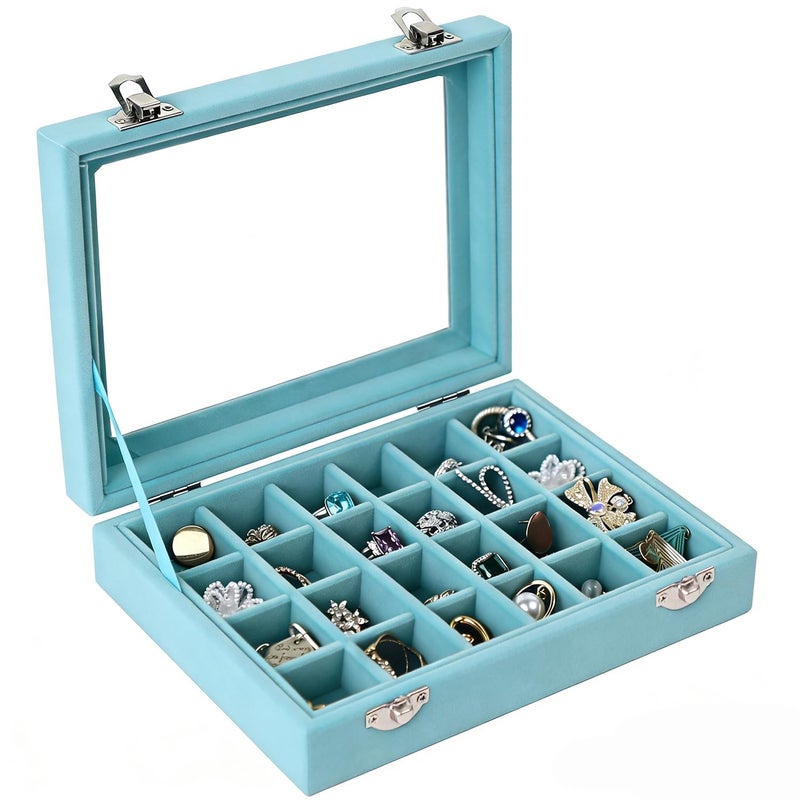 EONGOA Velvet Jewelry Box 24 Grid Jewelry Earrings Display Organiser Box Ring Tray Holder Earrings Storage Case for Girls Women Wife Mom (Light blue) - Image 3