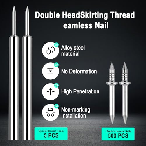 Sekvira 500pcs DoubleHead Skirting Thread Seamless Nails2Sided Nails with 5 Sleeve ToolInvisible Double Headed Trim Seamless Pins for Seamless Baseboard Installation Molding Wall Panels - Image 3