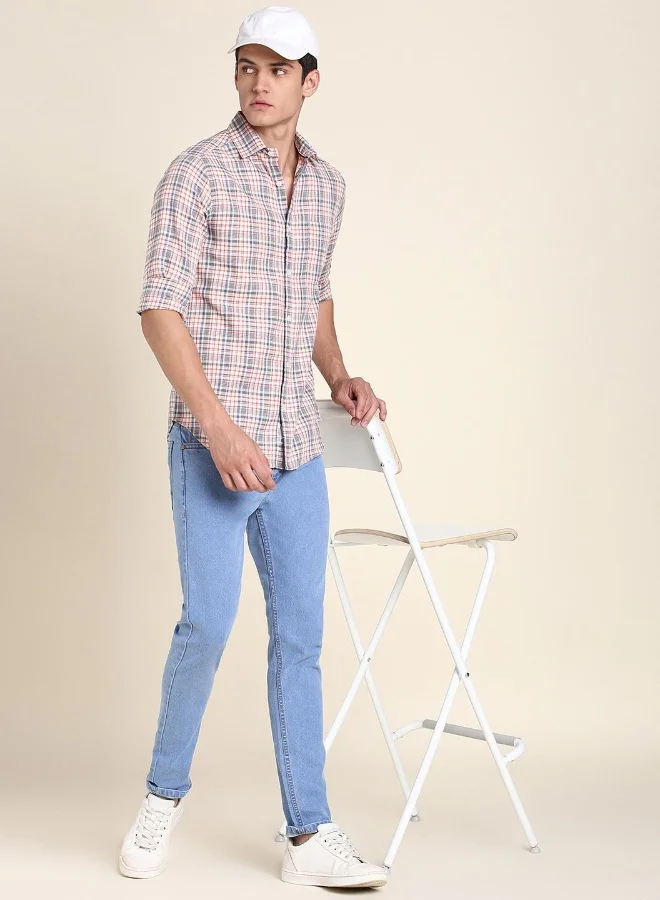 Dennis Lingo Orange Slim Fit Cotton Checks Shirt for Men - Spread Collar, Full Sleeves, Casual,