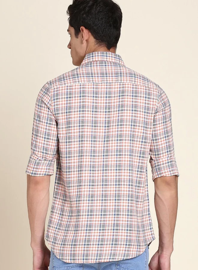 Dennis Lingo Orange Slim Fit Cotton Checks Shirt for Men - Spread Collar, Full Sleeves, Casual,