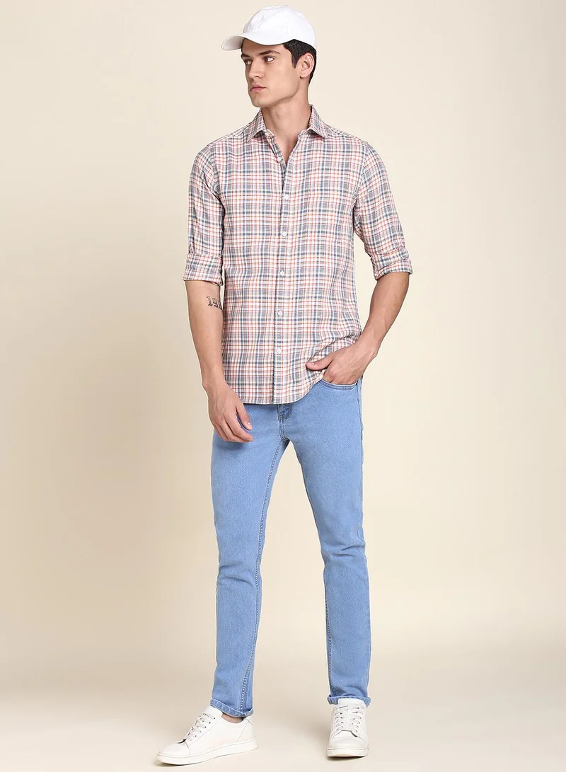 Dennis Lingo Orange Slim Fit Cotton Checks Shirt for Men - Spread Collar, Full Sleeves, Casual,
